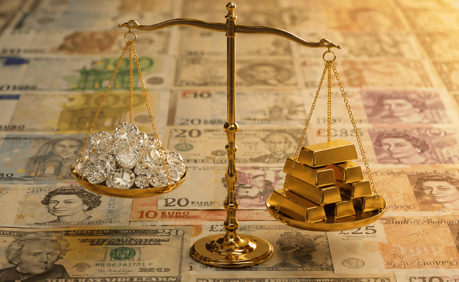 900x553 version of a set of balance scales on a table with world currencies laid out neatly; diamonds sit in the left tray and gold bars sit in the right, with the gold bars weighing slightly more.