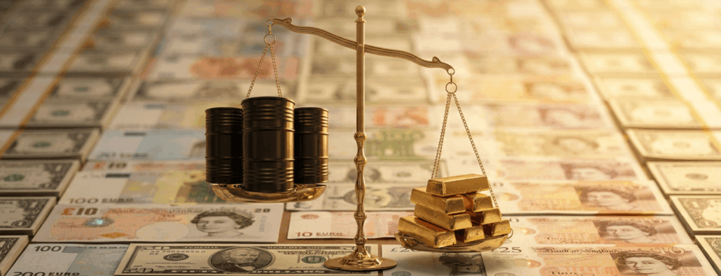 World currencies laid out in neat stacks on a table with a balance scale on top of it weighing 3 black oil drums on the left and a stack of 8 gold bars on the right. The gold bars are heavier.