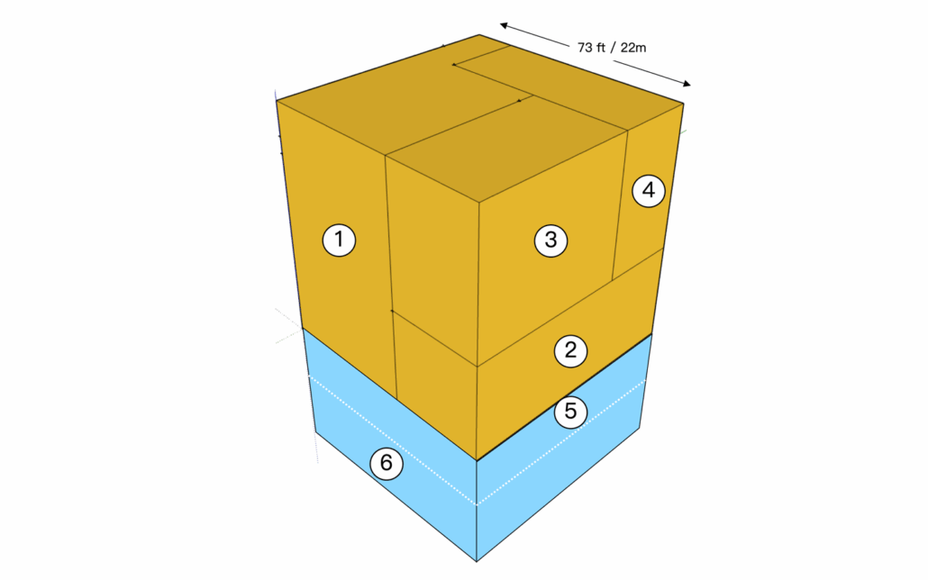 A visualization of the total above-ground stock of gold, represented by a cube that's 73-feet/22-meters in length, with different sections demonstrating the proportion of gold by use and industry, sourced from the World Gold Council.