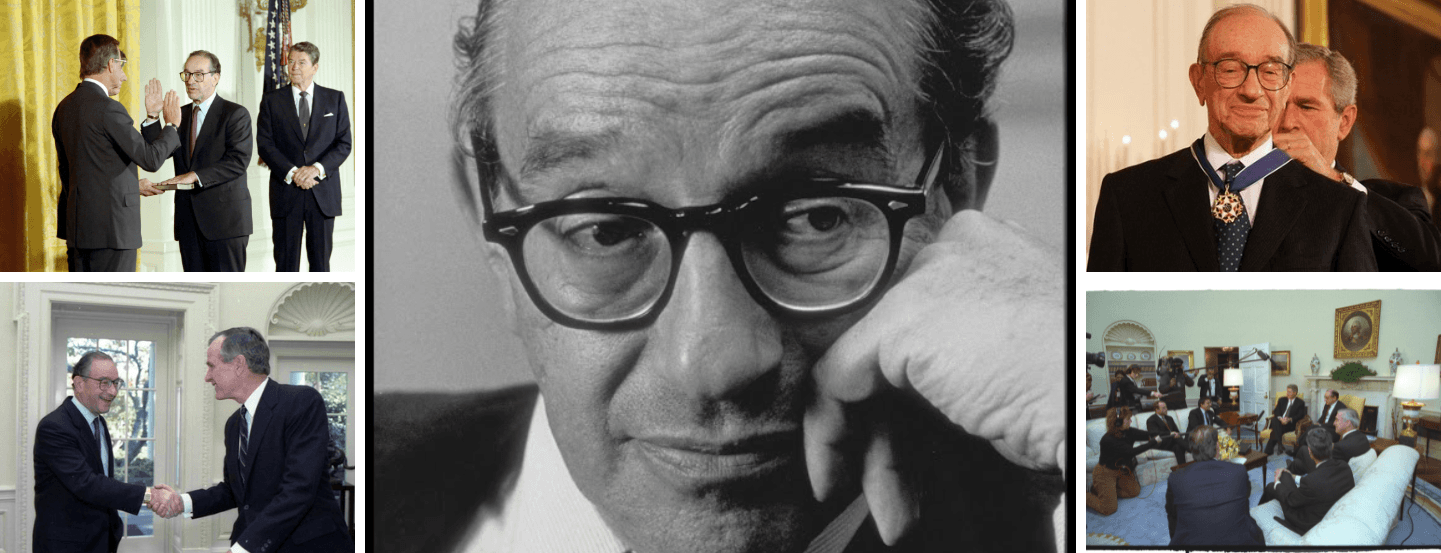 Collage of Alan Greenspan, featuring a black-and-white photo of him in the middle; his swearing-in ceremony with President Ronald Reagan in the top left; him shaking President George H.W. Bush's hand in the bottom left; him receiving the Presidential Medal of Freedom from President George W. Bush in the top right; and him in a meeting with President Bill Clinton in the bottom right.