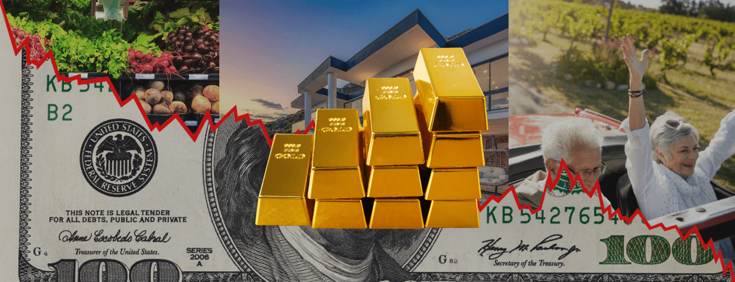 Four stacks of gold bars, increasing in quantity from left to right, on a background consisting of a 100 dollar bill, cut in half with a red chart line and on top of 3 images: a produce display, a luxurious house, and an elderly couple driving in a car.