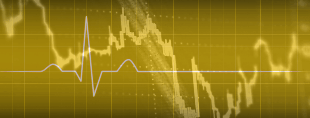 EKG line flatlining on top of a stock ticker graph, all in a gold hue.