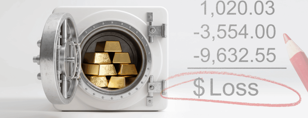 A stack of gold bars in a safe beside an illustration of math with "$ Loss" circled in red beside a red colored pencil.