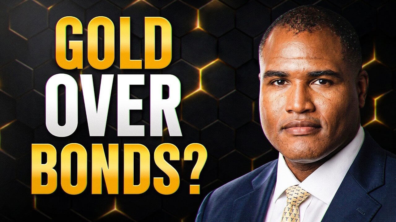 Headshot of Darius Dale on a black background with gold hexagons and the words "gold over bonds?" in gold and white.
