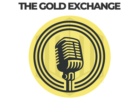The words "The Gold Exchange" above an illustration of a "Fat Boy" microphone encircled by 3 black lines on a yellow circle with the faint outline of the Monetary Metals logo.