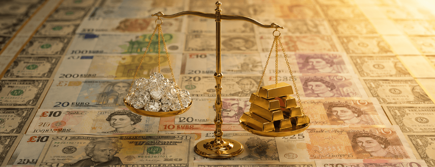 A set of balance scales on a table with world currencies laid out neatly; diamonds sit in the left tray and gold bars sit in the right, with the gold bars weighing slightly more.
