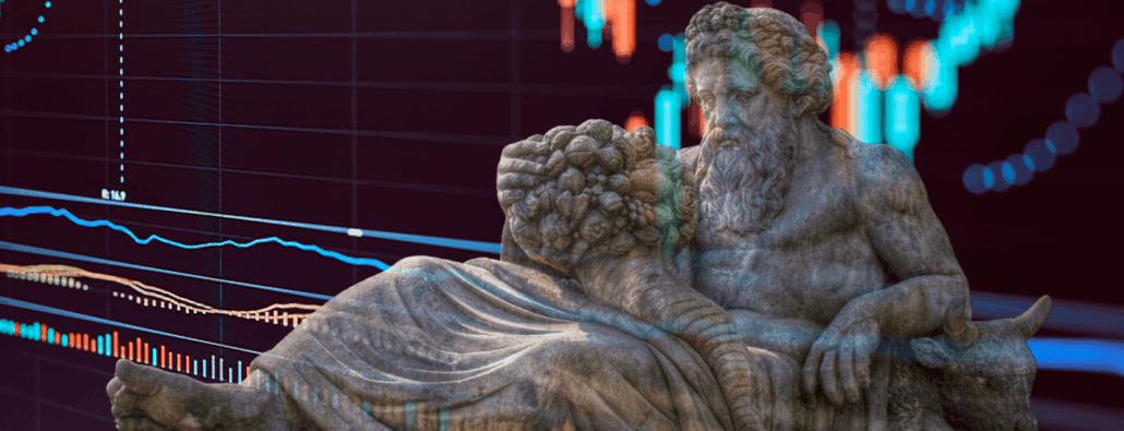 Composite image with a stock ticker in the background and overlayed on the top of a statue of Dionysus in the foreground.