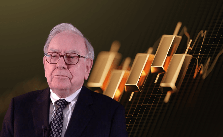 Warren Buffett on a background with gold bar-style stock tickers.