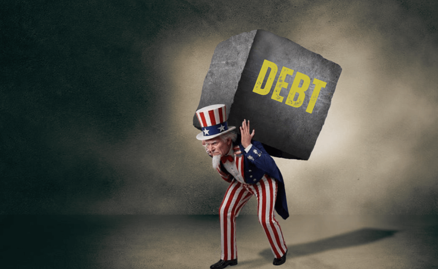 Uncle Sam struggling to carry a large stone block with the word "debt" on the side.