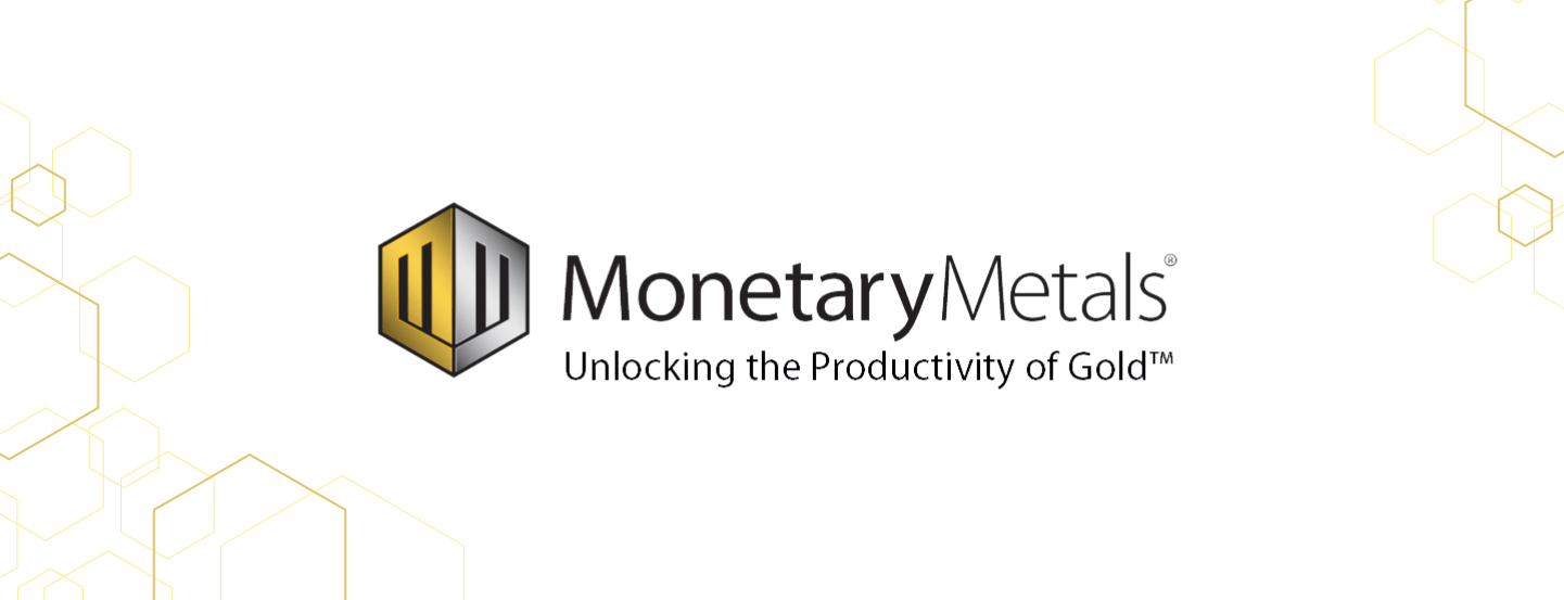 Monetary Metals' gold-and-silver 'M' hexagon logo with the words Monetary Metals and Unlocking the Productivity of Gold on a white background with gold hexagons.