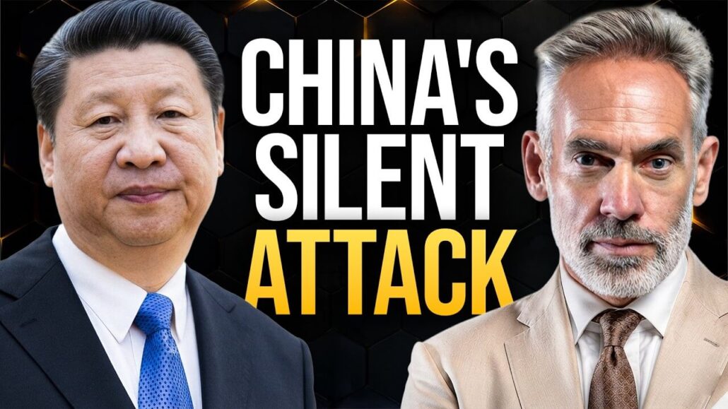 Headshots of Dominic Frisby and Xi Jinping on a black background with gold-lined hexagons and the words "China's silent attack" in white and gold text.