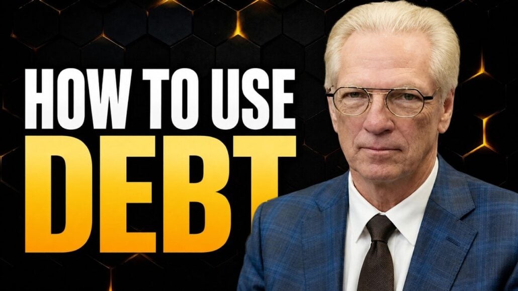 Headshot of Tom Wheelwright, author of Tax-Free Wealth, on a black background with gold hexagons and the words "how to use debt" in white and gold letters.