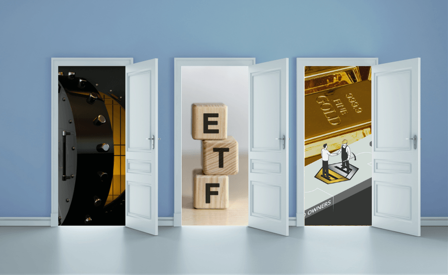 Three open white doors; the first reveals a vault door, the second reveals three stacked cubes with the letters E, T, F, and the third door reveals two people shaking hands in front of gold bars.