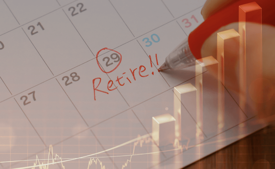 A hand writing "retire!!" on a calendar with a gold line and bar chart superimposed on top.