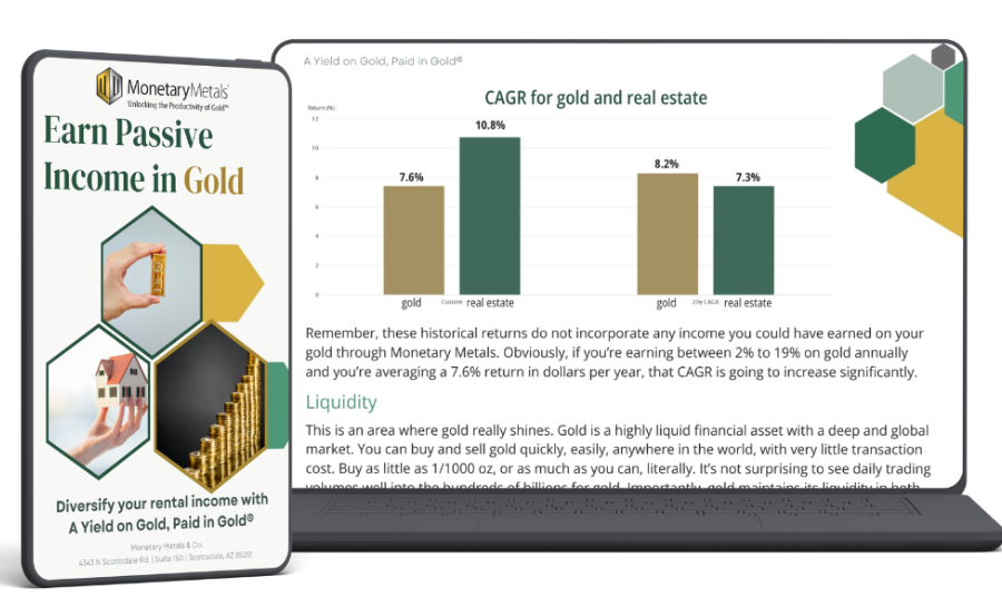A tablet displaying the cover of the white paper "Earn Passive Income in Gold" next to a laptop displaying a page from the paper.